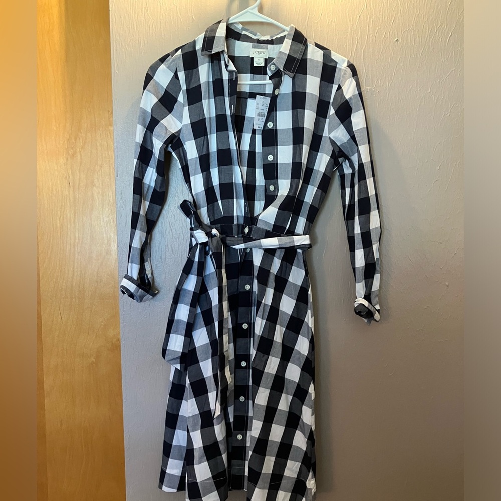 JCREW Dark Navy Blue White Gingham Check Plaid Shirt Dress NWT 00